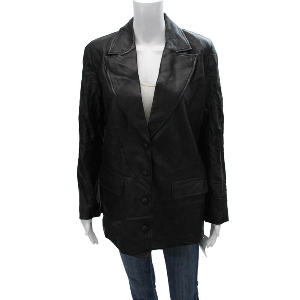 Nonchalant Label Women Black Leather Blazer Button Closure Long Sleeve Size M